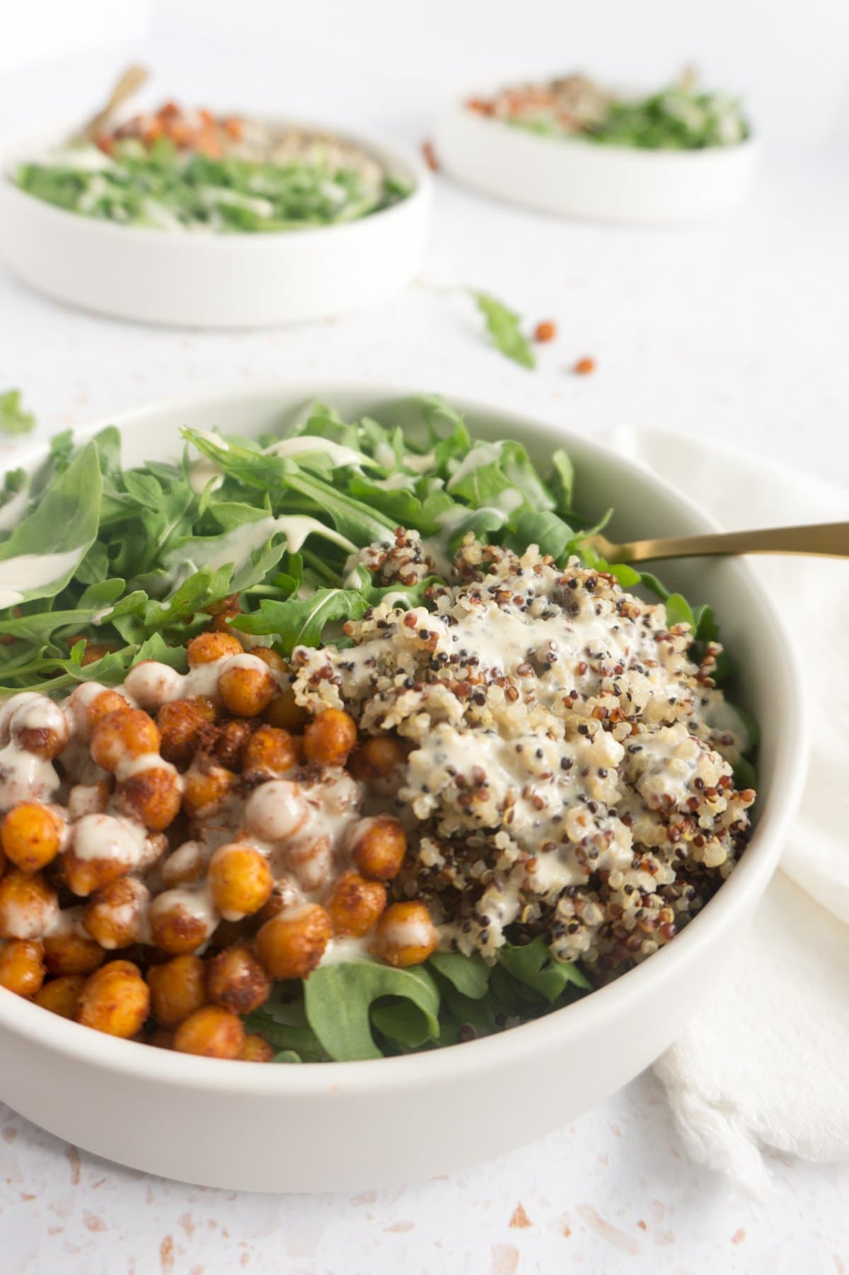 Chickpea bowl with fork close up