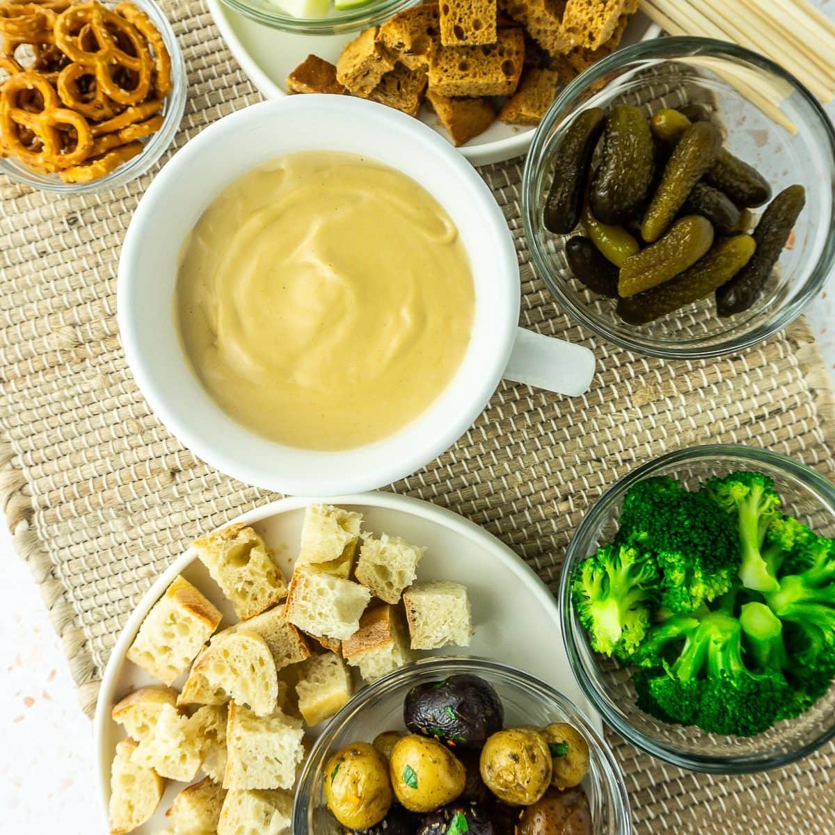 Vegan cheese fondue and accompaniments