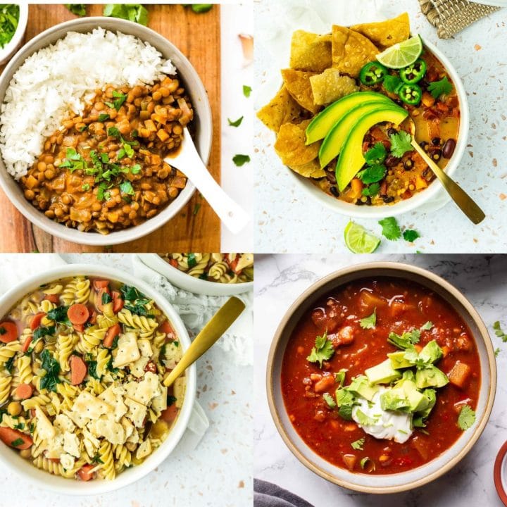 From top left to bottom right: bowl of lentils and rice, lentil tortilla soup, chickpea noodle soup, and butternut squash chili.