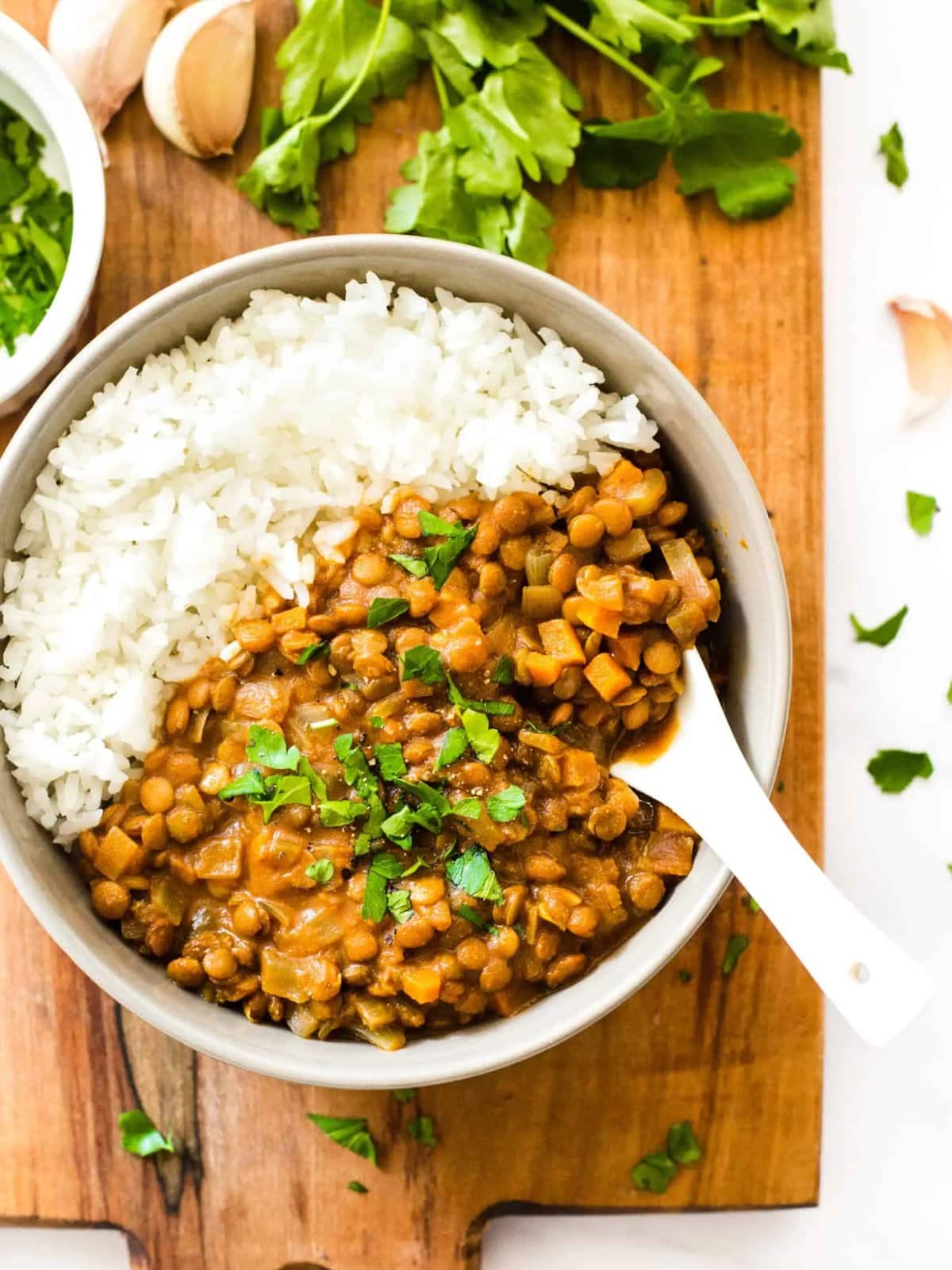 bowl of lentil curry with white rice with fresh cilantro