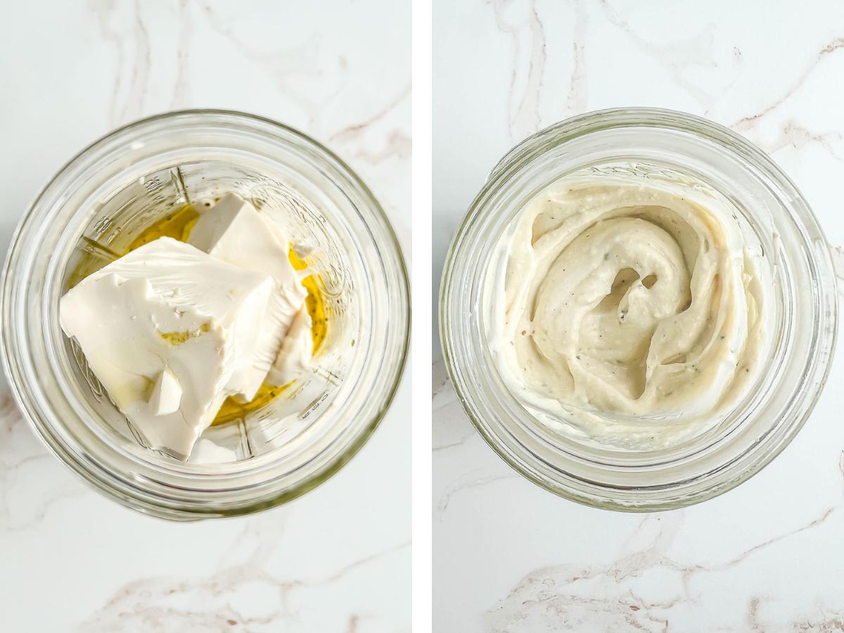 Two images of the white sauce, before and after blending.