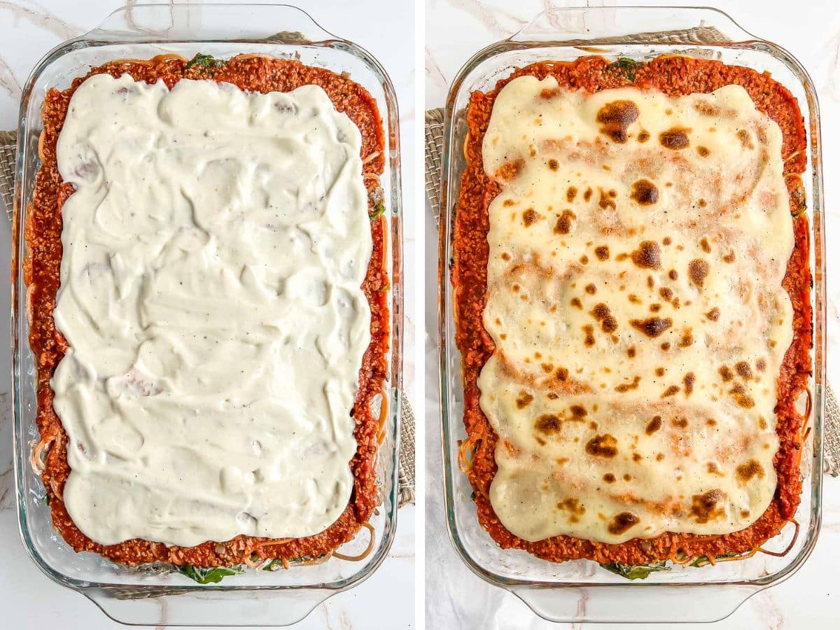 Two images of the baking dish of spaghetti, before and after baking.