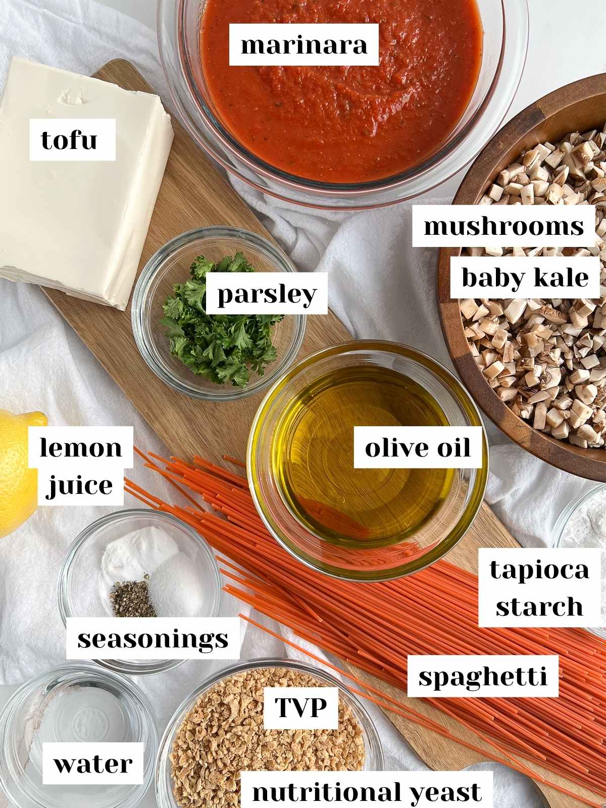 labeled ingredients for vegan baked spaghetti.