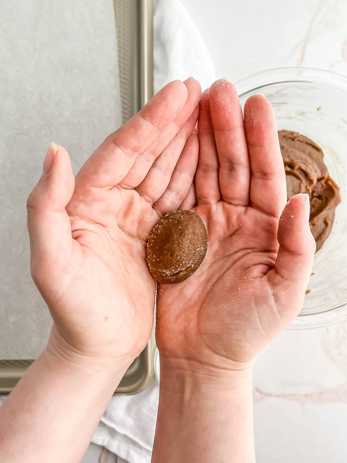 Gingersnap dough ball in palms of two hands.