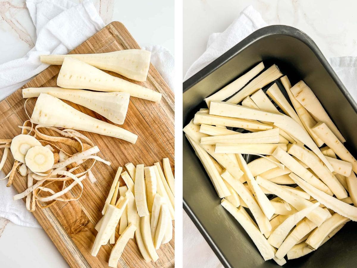 Cut parsnips and parsnips in the air fryer basket.