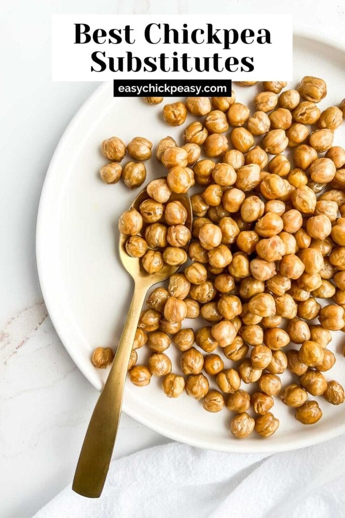 plat pf roasted chickpeas with a gold spoon and label for pinterest.