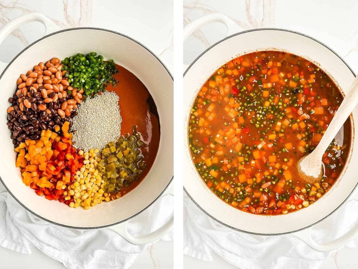 Enchilada soup before and after addition of veggie stock.