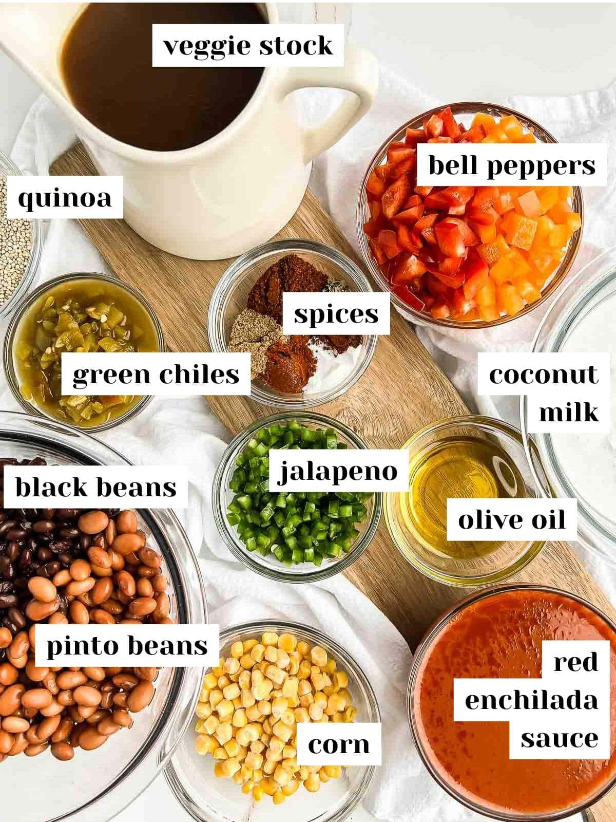 labeled ingredients for vegan enchilada soup.
