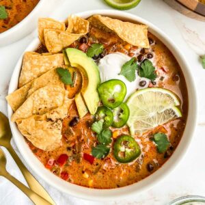 Close-up image of vegan enchilada soup topped with vegan sour cream, jalapeno slices, cilantro, and tortilla chips.