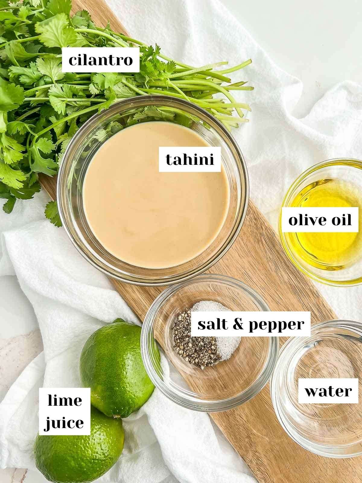 Labeled ingredients for tahini lime dressing.