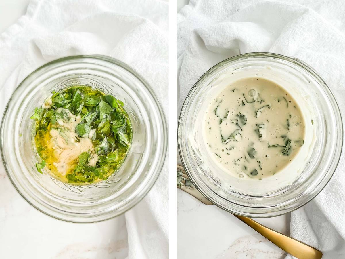 Tahini lime dressing before and after stirring.