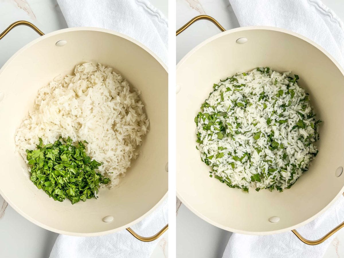 Rice before and after mixing in cilantro and lime juice.
