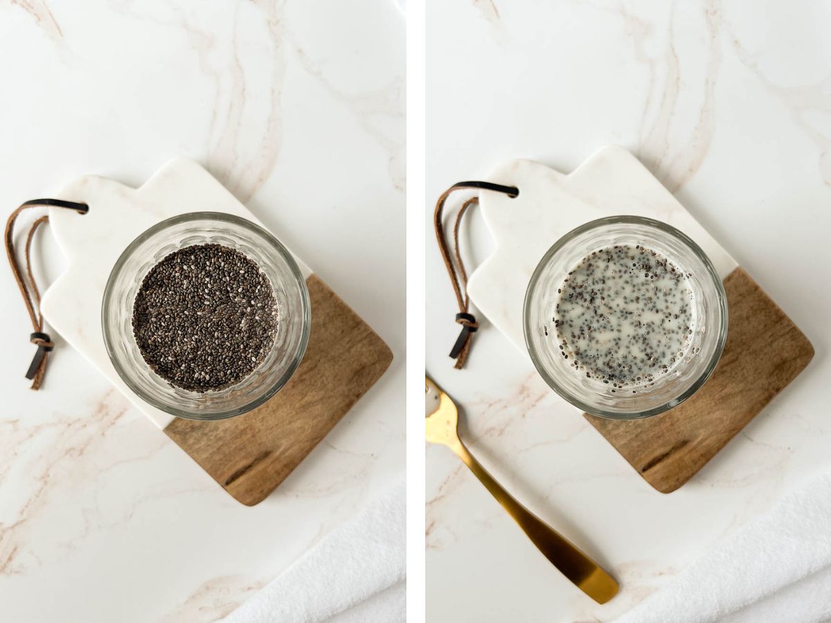 chia seeds and oatmilk before and after stirring together.