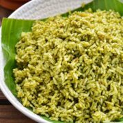 Bowl of cozy green palak rice.
