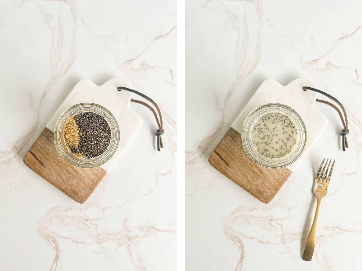 Chia flax pudding before and after mixing together.