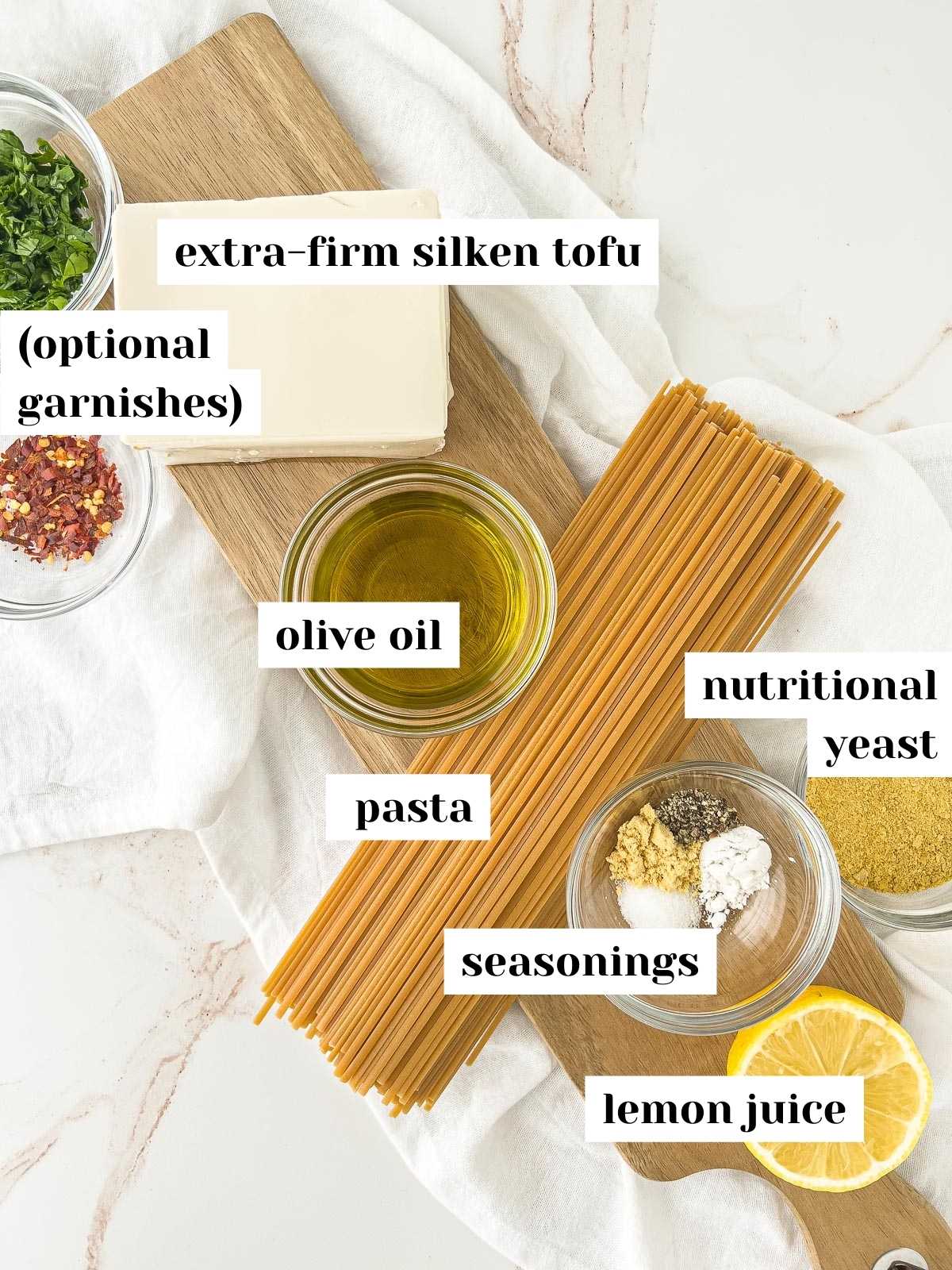 Labeled ingredients for the pasta sauce.