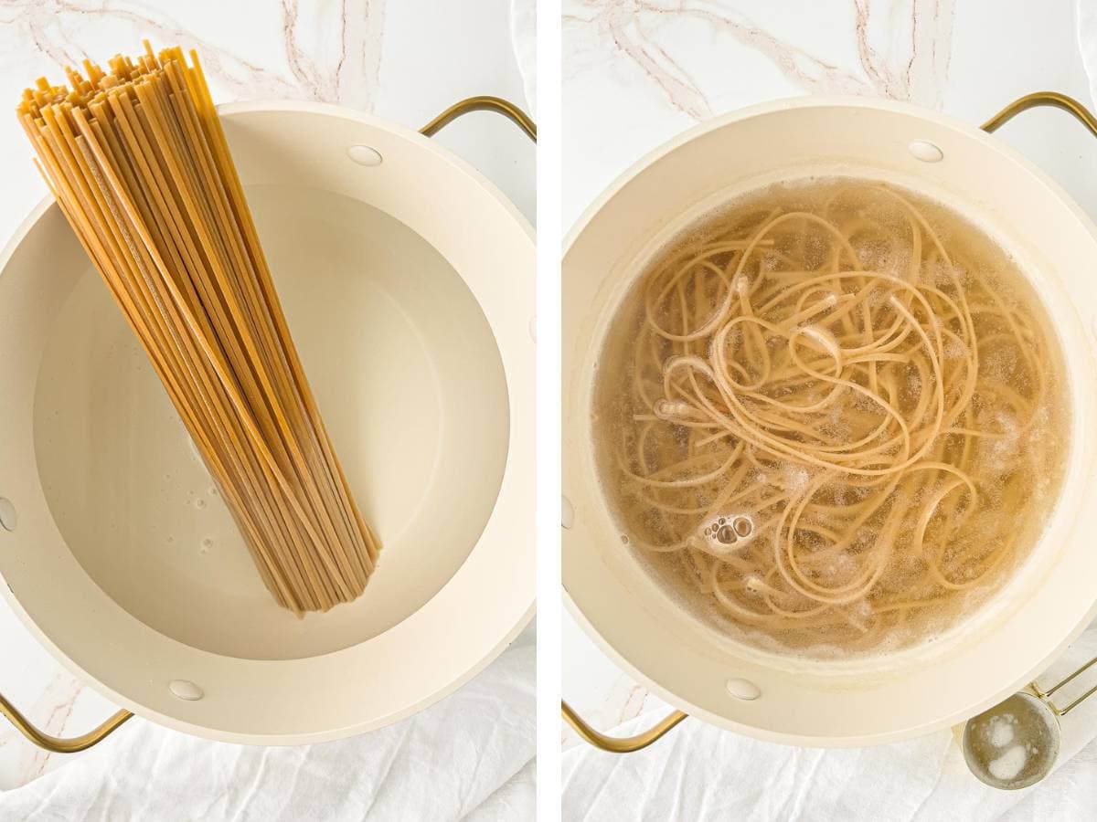 Pasta before and after cooking, with some pasta water reserved in a measuring cup.