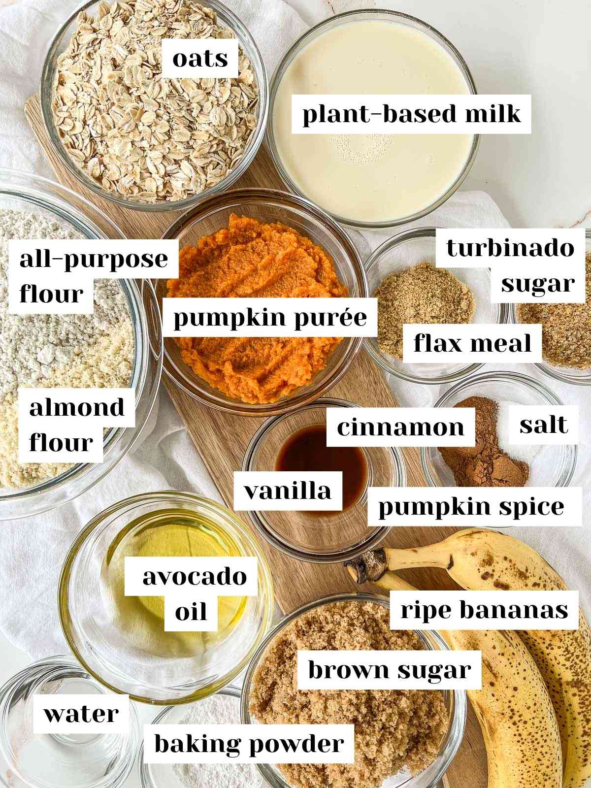 Labeled pumpkin banana muffin ingredients.