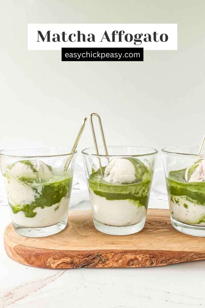 Three glasses of matcha affogato on a serving board with a label for pinterest.