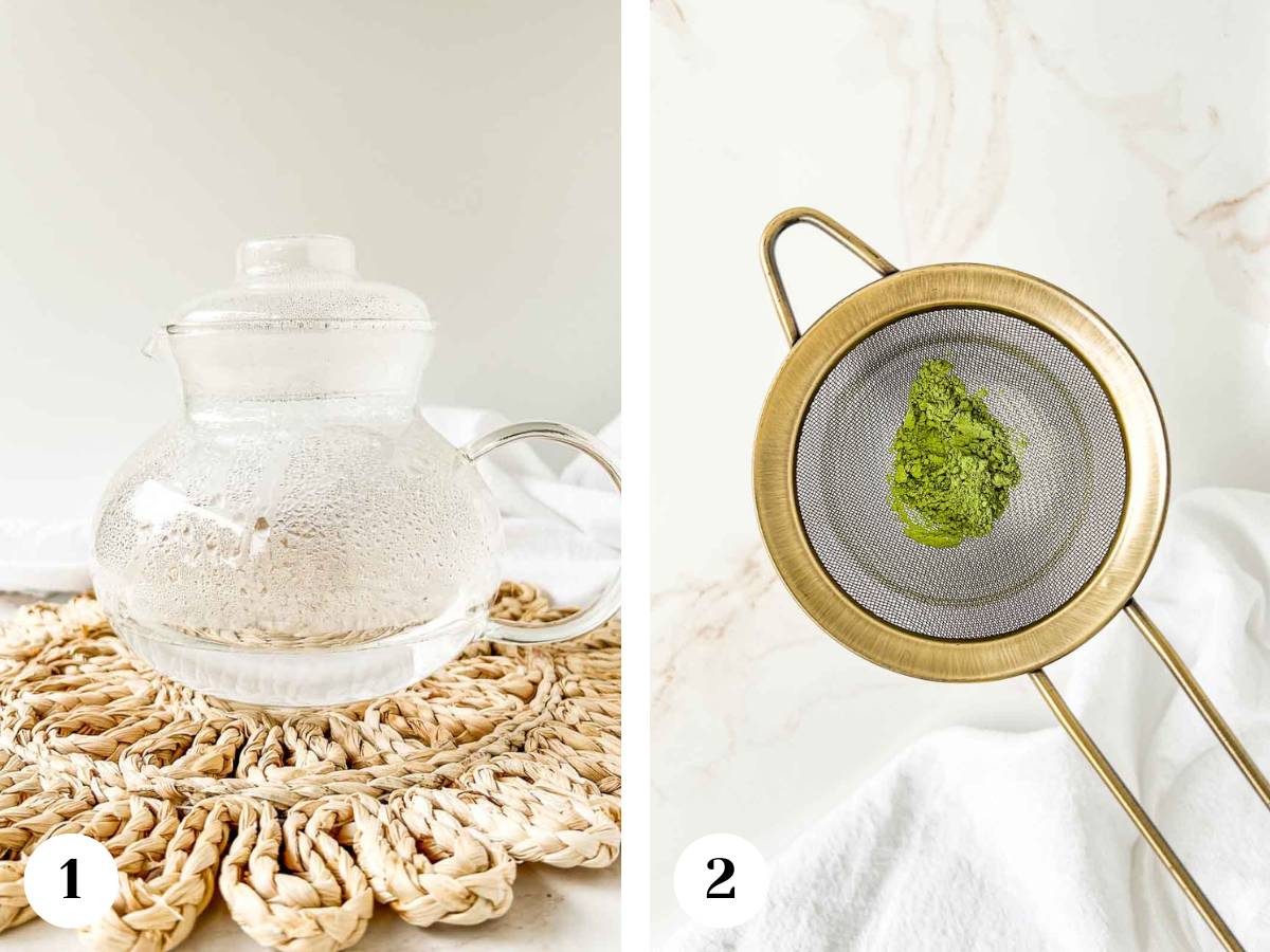 A glass kettle with hot water and matcha powder in a sifter.