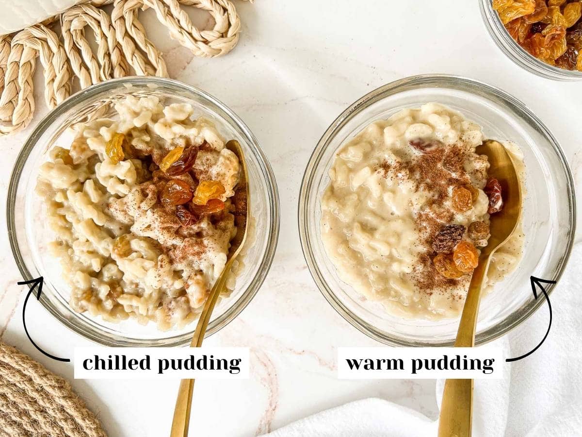 A bowl of thicker, chilled pudding next to a bowl of softer warm pudding, with labels.