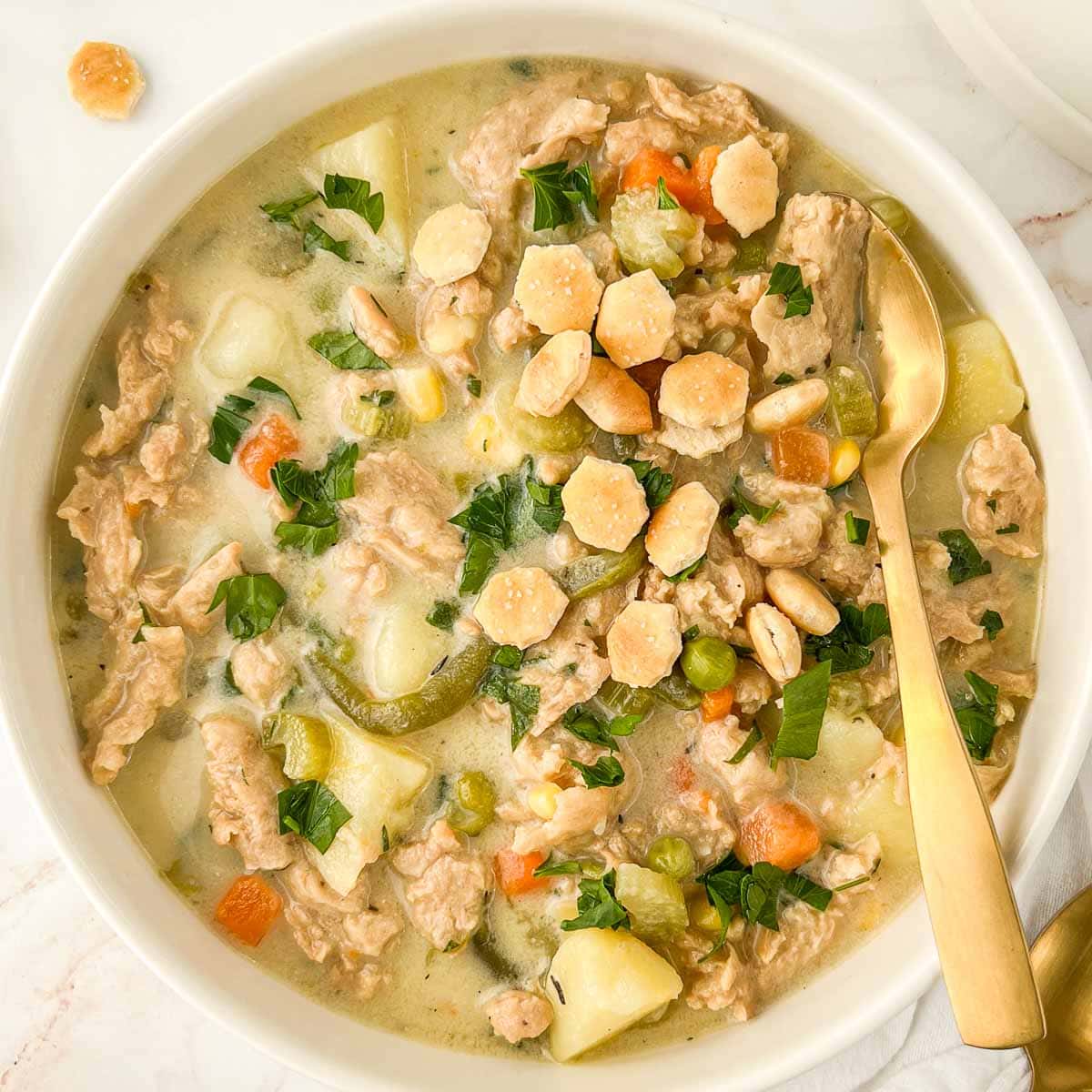 Easy Vegan Chicken Pot Pie Soup (slow cooker friendly) with SOY CURLS
