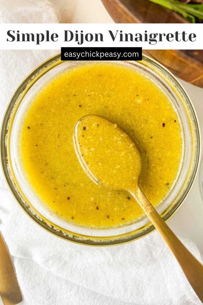 Vinaigrette in a bowl with a spoon sticking out and recipe title.