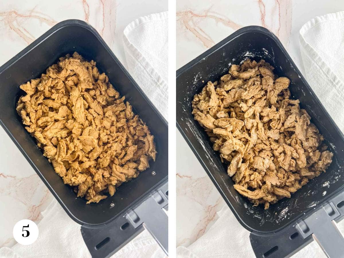 Soy curls in air fryer basket before and after coating in corn starch and oil.