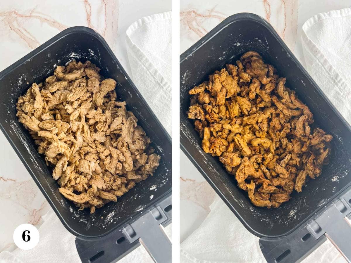 Soy curls before and after cooking. 