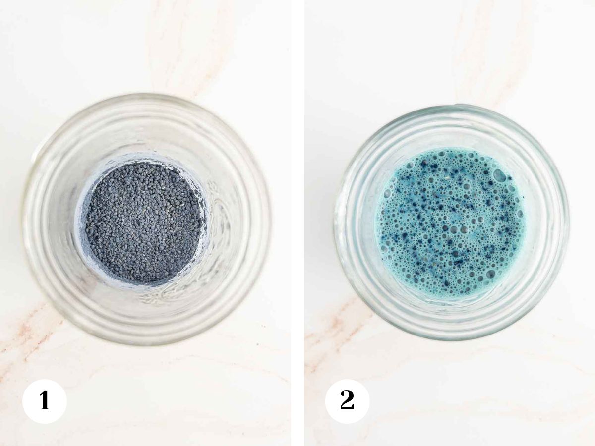 Dry chia with blue powder and chia with milk added.