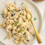 Plate of chickpea pasta salad with a fork tucked in.